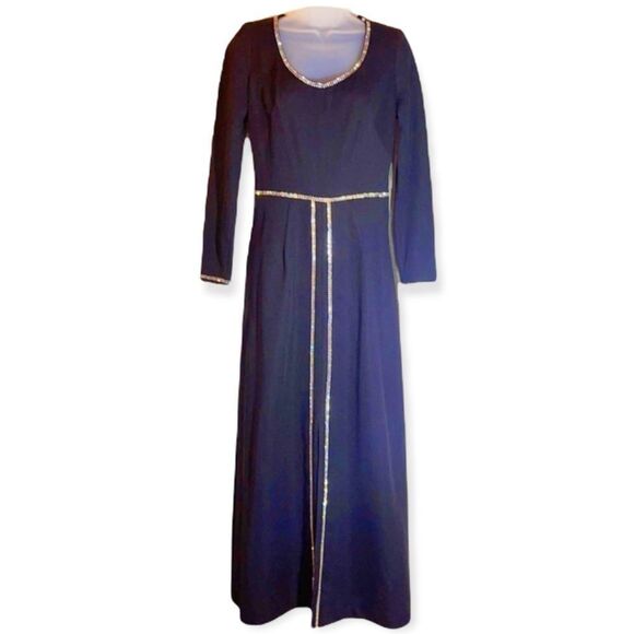 Vintage 1970s Black Maxi Dress Rhinestones Goth Witchy Vibes Small - Picture 2 of 16